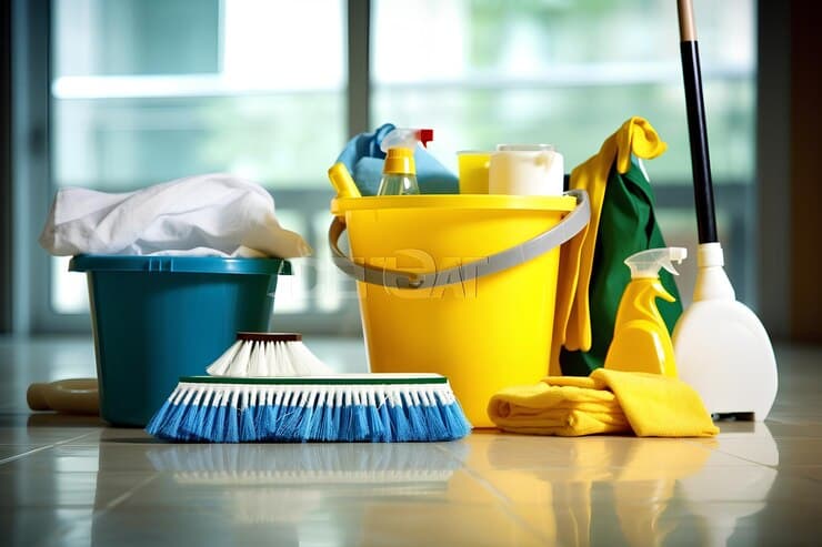 Professional cleaning supplies laid out